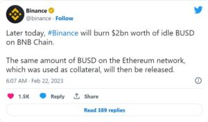 Later Today, #Binance Will Burn $2bn Worth of Idle BUSD on BNB Chain. The Same Amount of ... - Latest Tweet by Binance Coin